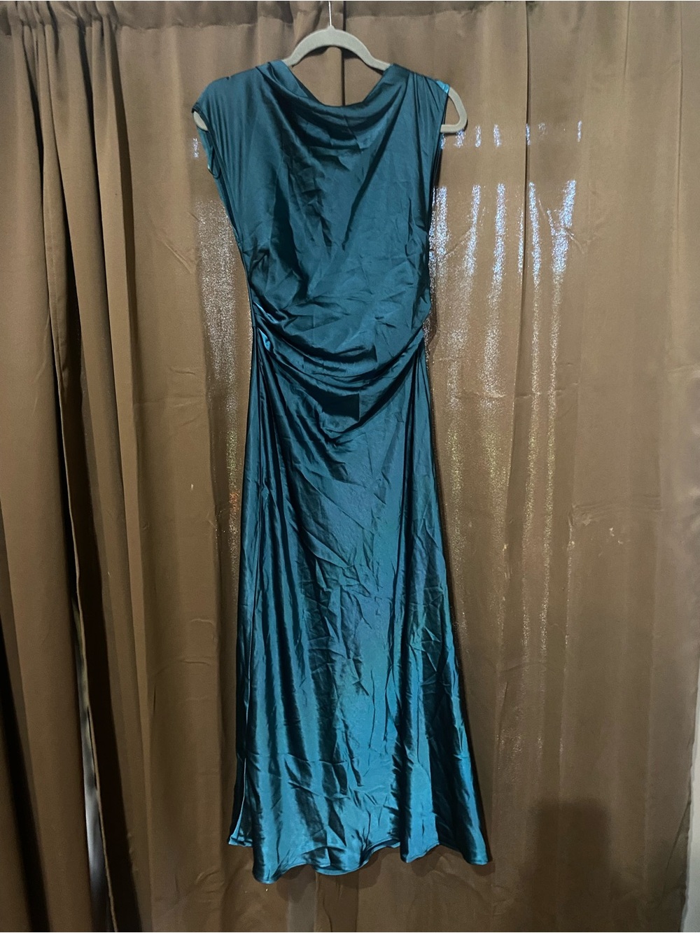 Satin Teal Evening Gown with Draped Back